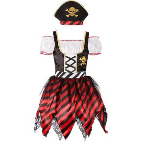Tempura Little Girl Halloween Costume Pirate Dress Long Sleeve Lace Midi Dress+Cosplay Party Club Vest+Waist Belt+Headwear in Kuwait