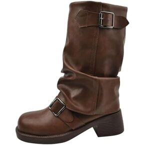 Winter Boots for Women French Vintage Western High Heeled Stacked Pleated Mid Calf in Saudi Arabia
