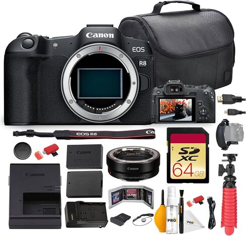 Canon EOS R8 Mirrorless Camera Bundle | 24.2MP Full-Frame Sensor, Dual Pixel CMOS AF II & 4K 60p Video| for Travel, Portraits, & Content Creators (5803C002) + Adapter EF-EOS R + 64GB Card + More in Saudi Arabia