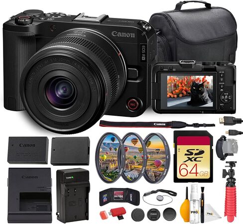 كاميرا Canon EOS R50 V بدون مرآة مع مجموعة عدسات مقاس 14-30 مم f/4-6.3 | مستشعر APS-C بدقة 24.2 ميجابكسل وتقنية CMOS AF II ثنائية البكسل | لإنشاء المحتوى والتصوير اليومي + بطاقة سعة 64 جيجابايت + بطارية + شاحن + المزيد in Kuwait