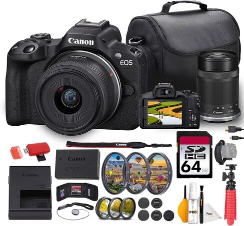 كاميرا Canon EOS R50 بدون مرآة مع مجموعة عدسات 18-45 مم و55-210 مم | مستشعر APS-C بدقة 24.2 ميجابكسل، Dual Pixel CMOS AF II وفيديو بدقة 4K | رائع للمبتدئين والسفر (5811C022) + بطاقة سعة 64 جيجابايت + حقيبة + المزيد in Kuwait
