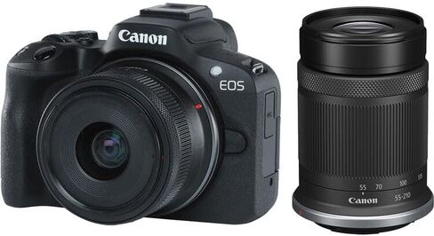 كاميرا Canon EOS R50 بدون مرآة مع مجموعة عدسات 18-45 مم و55-210 مم | مستشعر APS-C بدقة 24.2 ميجابكسل، Dual Pixel CMOS AF II وفيديو بدقة 4K | رائع للمبتدئين والسفر (5811C022) + بطاقة سعة 64 جيجابايت + حقيبة + المزيد in Kuwait