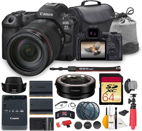 كاميرا Canon EOS R5 Mark II بدون مرآة مع عدسة مقاس 24-105 مم f/4L هي حزمة عدسات USM | مستشعر كامل الإطار عالي الدقة، بكسل مزدوج للتركيز البؤري التلقائي وفيديو 8K (6536C012) + محول EF-EOS R + بطاقة سعة 64 جيجابايت + بطارية + المزيد in Kuwait
