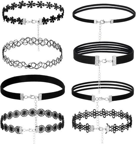 8PCS Choker Necklace for Women Girls, Black Lace Velvet Chockers, Daisy Gothic Punk Classic Choker, Adjustable Bohemian Flower Floral Lace Necklaces, Leaf Pendant Clavicular Chain for Party in Saudi Arabia