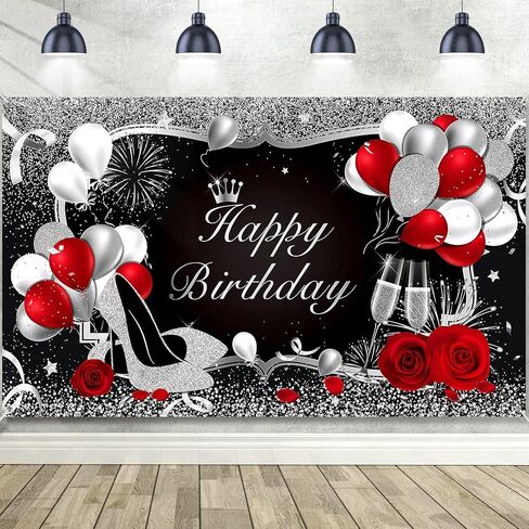 Irenare عيد ميلاد سعيد راية عيد ميلاد أحمر خلفية الديكور الأحمر للنساء الرجال راية سوداء لإمدادات الحفلات بريق زهرة الورد بالون الكعب العالي خلفية التصوير الشمبانيا 72.8 × 43.3 بوصة in Kuwait