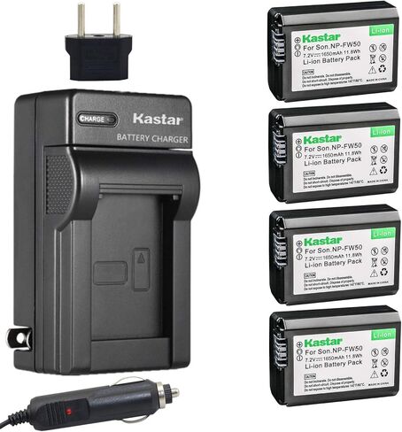 بطارية Kastar NP-FW50 (4 عبوات) وشاحن لسوني BC-VW1 BC-TRW وAlpha 7 a7 a7R a3000 a5000 a6000 NEX-3 3N NEX-5 5N 5R 5T NEX-6 NEX-7 NEX-C3 NEX-F3 SLT-A33 A35 A37 A55V DSC-RX10 in Kuwait