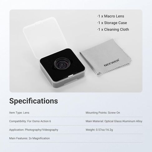 NEEWER Macro Lens Compatible with DJI Osmo Action 6 Only, Action Camera Close Up Photography Accessories with 2X Magnification, 2 Elements 1 Group, 2-3cm Focus Range, LS010 in Saudi Arabia