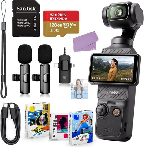 حزمة DJI Osmo Pocket 3 + حزمة الملحقات بما في ذلك بطاقة Micro SD Extreme سعة 128 جيجابايت ونظام الميكروفون اللاسلكي وبرامج الصور والفيديو والمزيد (متجددة) in Kuwait