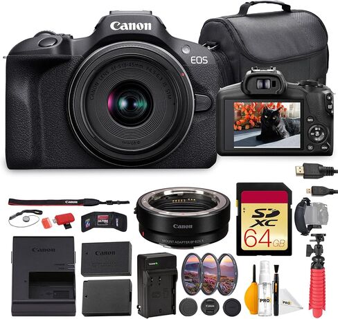 كاميرا Canon EOS R100 بدون مرآة مع مجموعة عدسات مقاس 18-45 مم | مستشعر APS-C بدقة 24.2 ميجابكسل وتركيز بؤري تلقائي ثنائي البكسل وفيديو بدقة 4K | للمبتدئين والتصوير العائلي (6052C012) + محول EF-EOS R + بطاقة سعة 64 جيجابايت + المزيد in Saudi Arabia