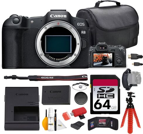 حزمة كاميرا Canon EOS R8 بدون مرآة | مستشعر كامل الإطار 24.2 ميجابكسل، Dual Pixel CMOS AF II وفيديو 4K 60p | رائعة للسفر والصور الشخصية ومنشئي المحتوى (5803C002) + بطاقة سعة 64 جيجابايت + حقيبة + المزيد in Saudi Arabia