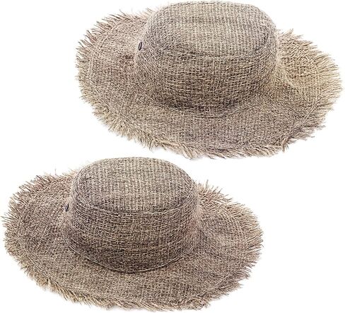 2 Pack Hemp Straw Farmer Hat Halloween Scarecrow Costume Hat Wired Wide Brim with Frayed Edges for Men Women Hippie(Classic) in Saudi Arabia