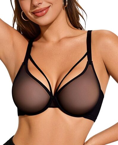 Sexy Bras for Women Plunge Unline Sheer Mesh Underwire Comfortable Minimizer Bra See Through in Saudi Arabia