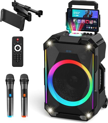 Karaoke Machine,Portable Bluetooth Speaker with Wireless Mic for Adults/Kids,8" Bass & RGB Lights,DJ PA System with 3600mAh Battery, Supports USB/AUX/HDMI/FM in Saudi Arabia