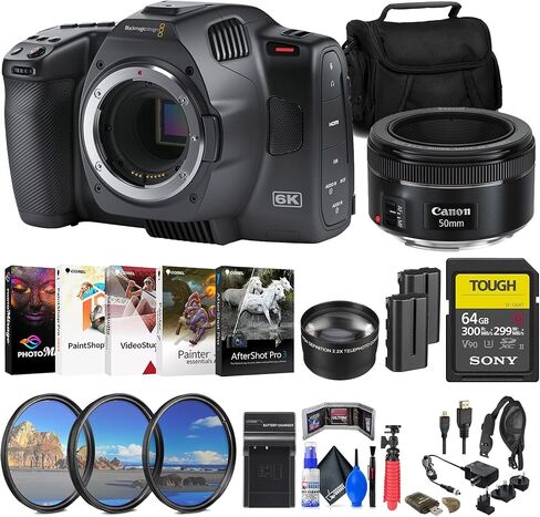 Blackmagic Design Pocket Cinema Camera 6K G2 (CINECAMPOCHDEF6K2) + Canon EF 50mm Lens (0570C002) + 64GB SF-G Tough Card + NP-F550 Battery Pack + Filter Kit + Telephoto Lens + Bag + More in Saudi Arabia