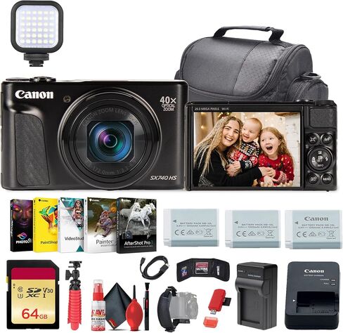 كاميرا Canon PowerShot SX740 HS Lite Edition الرقمية (أسود) + بطاقة ذاكرة سعة 64 جيجابايت + 2 بطارية NB13L + برنامج صور + شاحن + قارئ بطاقات + ضوء LED + حقيبة ناعمة + المزيد (متجددة) in Kuwait