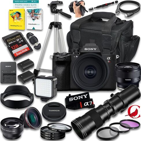 كاميرا Sony a7R V بدون مرآة مع عدسة Tamron مقاس 24 مم f/2.8 Di III OSD M 1:2 و420-800 مم f/8 عدسة مقربة فائقة الدقة + ذاكرة 128 جيجابايت + بطارية إضافية + حقيبة كاميرا + المزيد (حزمة مكونة من 33 قطعة) in Kuwait