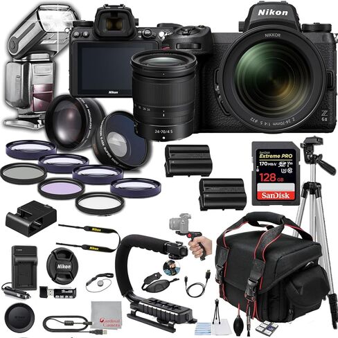 كاميرا Nikon Z6 II بدون مرآة مع عدسة مقاس 24-70 مم f/4 بدقة 24.5 ميجابكسل وذاكرة 128 جيجابايت وفلاش TTL Pro ومرشحات وعدسات وحقيبة وحامل ثلاثي القوائم ومقبض والمزيد - حزمة الصور الاحترافية (حزمة 40 قطعة) in Kuwait