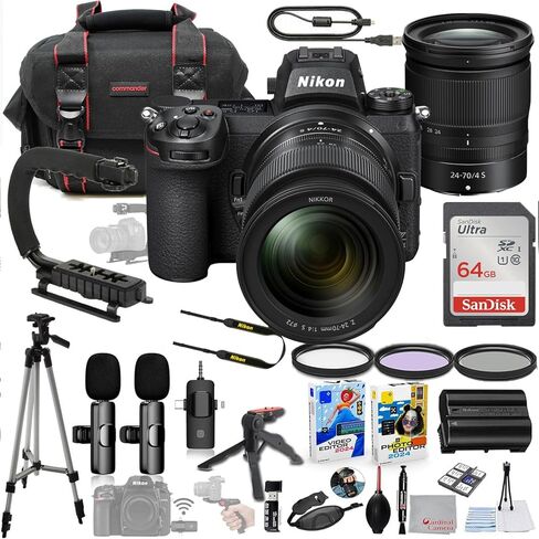 كاميرا Nikon Z6 II بدون مرآة مع مجموعة عدسات مقاس 24-70 مم f/4 + نظام ميكروفون لاسلكي + حزمة ملحقات تتضمن ذاكرة سعة 64 جيجابايت، وقبضة U، وحقيبة، وحامل ثلاثي القوائم، وبرامج والمزيد (38 عنصرًا) in Kuwait