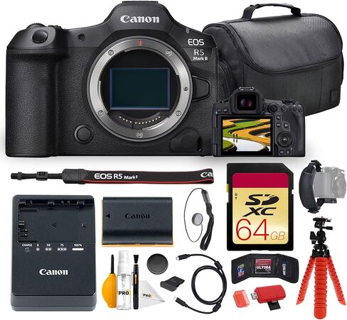 حزمة كاميرا Canon EOS R5 Mark II بدون مرآة | مستشعر كامل الإطار عالي الدقة، وتركيز بؤري تلقائي مزدوج البكسل متطور، وفيديو بدقة 8K | للتصوير الاحترافي وتصوير حفلات الزفاف (6536C002) + بطاقة سعة 64 جيجابايت + حقيبة + المزيد in Kuwait
