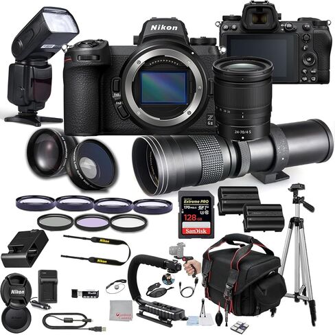 كاميرا Nikon Z6 II بدون مرآة مع عدسة مقاس 24-70 مم f/4، وذاكرة 128 جيجابايت، وعدسة مقربة فائقة مقاس 420-800 مم، وفلاش TTL Pro، ومرشحات، وعدسات، وحقيبة، وحامل ثلاثي القوائم، والمزيد - حزمة صور فائقة (حزمة 40 قطعة) in Saudi Arabia