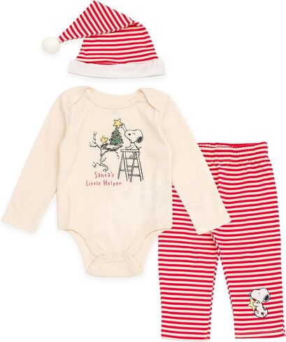 Peanuts Christmas Baby Bodysuit, Pants and Velour Santa Hat 3 Piece Outfit Set Newborn to Infant Sizes (Newborn - 24 Months) in Saudi Arabia