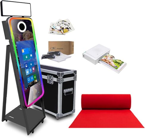 40in Mirror Photo Booth Machine with 21.5in Interactive Touch Screen with Flight Case,Built-in Mini PC with Instant Print and Sharing for Christmas Wedding Event Party (Black, Machine + Printer) in Saudi Arabia