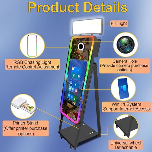 40in Mirror Photo Booth Machine with 21.5in Interactive Touch Screen with Flight Case,Built-in Mini PC with Instant Print and Sharing for Christmas Wedding Event Party (Black, Machine + Printer) in Saudi Arabia
