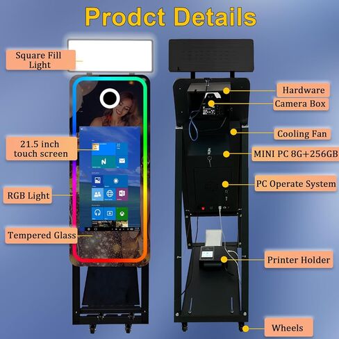 40in Mirror Photo Booth Machine with 21.5in Interactive Touch Screen with Flight Case,Built-in Mini PC with Instant Print and Sharing for Christmas Wedding Event Party (Black, Machine + Printer) in Saudi Arabia