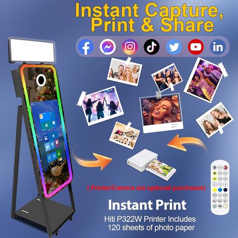 40in Mirror Photo Booth Machine with 21.5in Interactive Touch Screen with Flight Case,Built-in Mini PC with Instant Print and Sharing for Christmas Wedding Event Party (Black, Machine + Printer) in Saudi Arabia