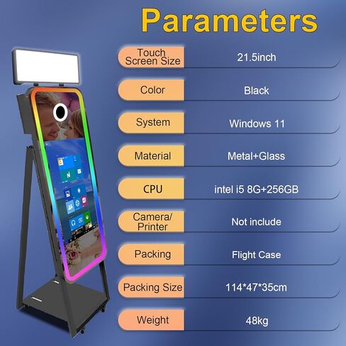 40in Mirror Photo Booth Machine with 21.5in Interactive Touch Screen with Flight Case,Built-in Mini PC with Instant Print and Sharing for Christmas Wedding Event Party (Black, Machine + Printer) in Saudi Arabia