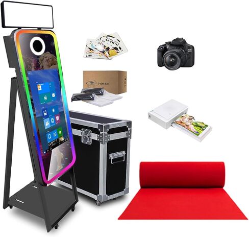 40in Mirror Photo Booth Machine with 21.5in Interactive Touch Screen with Flight Case,Built-in Mini PC with Instant Print and Sharing for Christmas Wedding Event Party (Black, Machine + Printer) in Saudi Arabia