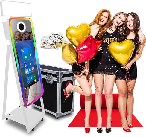 40in Mirror Photo Booth Machine with 21.5in Interactive Touch Screen with Flight Case,Built-in Mini PC with Instant Print and Sharing for Christmas Wedding Event Party (Black, Machine + Printer) in Saudi Arabia