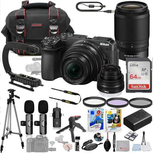 كاميرا Nikon Z30 بدون مرآة مع مجموعة عدسات مقاس 16-50 مم و55-250 مم + نظام ميكروفون لاسلكي + حزمة ملحقات تتضمن ذاكرة سعة 64 جيجابايت، ومقبض U، وحقيبة، وحامل ثلاثي القوائم، وبرامج والمزيد (36 عنصرًا) in Kuwait
