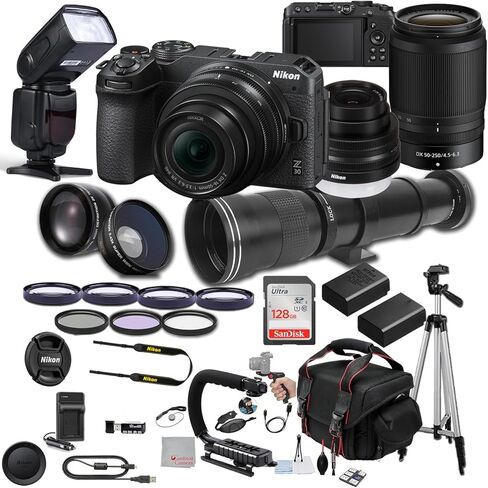 كاميرا Nikon Z30 بدون مرآة مع عدسة 16-50 مم و55-250 مم، وذاكرة 128 جيجابايت، وعدسة مقربة فائقة مقاس 420-800 مم، وفلاش TTL Pro، ومرشحات، وعدسات، وحقيبة، وحامل ثلاثي القوائم، والمزيد - حزمة صور فائقة (39 قطعة حزمة) in Kuwait