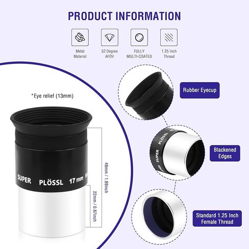Astromania 1.25" 17mm Super Plossl Telescope Eyepiece - Bundle with - 1.25 inch HD Telescope Eyepiece 66 Degree 6mm in Saudi Arabia
