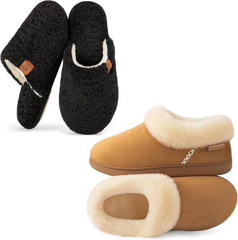 EverFoams Women's Slippers Set- Microsuede Slippers(Tan, Size 7-8) - Fuzzy Slip-on Slippers(Black, Size 7-8) in Kuwait