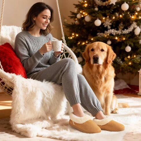 EverFoams Women's Slippers Set- Microsuede Slippers(Tan, Size 7-8) - Fuzzy Slip-on Slippers(Black, Size 7-8) in Kuwait