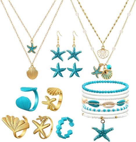 Tondiamo 16 Pcs Seashell Starfish Jewelry Set Seashell Earrings Rings Boho Layer Charm Necklace Beach Bracelets Natural White Anklet Set for Women Halloween Mermaid Costume in Saudi Arabia