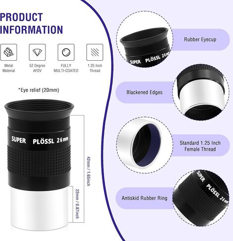 Astromania 1.25" 26mm Super Plossl Telescope Eyepiece - Bundle with - 1.25 inch HD Telescope Eyepiece 66 Degree 6mm in Saudi Arabia