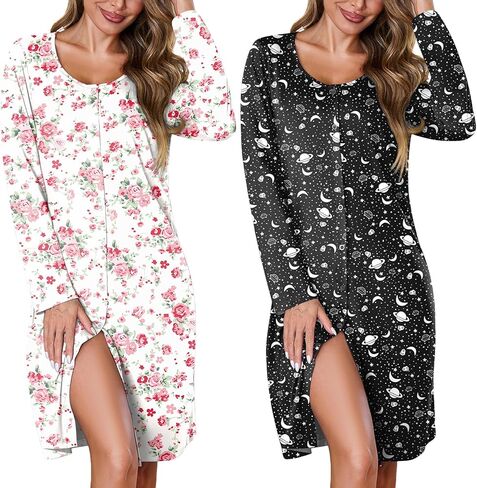 Marvmys Lightgown 2 Pack Long Sleeve Button Down Sleep Shirt Nightshirt V-Neck Sleepwear Pajama Dress S-3XL in Saudi Arabia