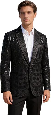 Men's Embroidered Sequin Floral Pattern Blazer Jacket with Rhinestone Notched Collar for Wedding Party Prom in Kuwait