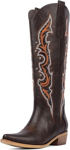Knee High Cowboy Boots for Women Rhinestone Cowgirl Boots, Trendy Embroidered Western Boots with Almond Toe Side Zipper and Chunky Heel in Saudi Arabia