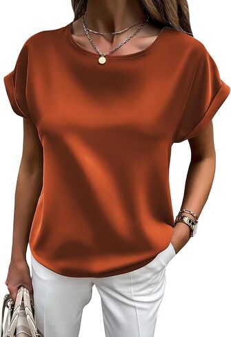 بلوزات نسائية قصيرة الأكمام من HOTOUCH، قمصان حريرية من الساتان، قمصان كاجوال فضفاضة للعمل in Kuwait