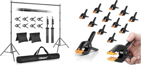 حامل خلفية EMART مقاس 10 × 8.5 قدم لاستوديو الصور قابل للتعديل مجموعة دعم حامل الخلفية + EMART 12 حزمة مشابك زنبركية من الموسلين شديدة التحمل مقاس 4.5 بوصة in Saudi Arabia