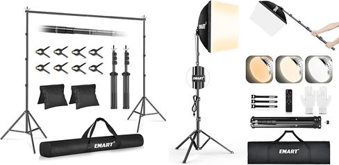 حامل خلفية EMART مقاس 10 × 10 قدم (عرض × ارتفاع) طقم دعم حامل خلفية قابل للتعديل + طقم إضاءة LED Softbox مقاس 16 بوصة × 16 بوصة 85 وات in Kuwait
