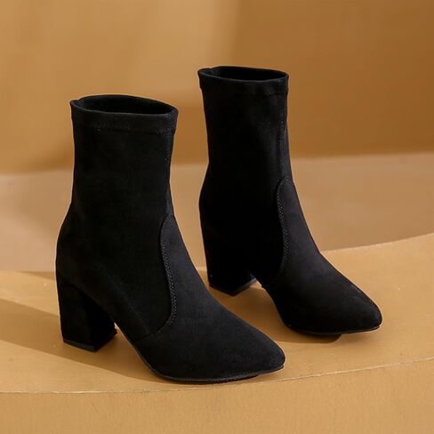 Chunky Heeled Ankle Boots For Women Suede Pointed Toe Comfortable Stretch Pull On Non Slip Fall Short Booties in Kuwait