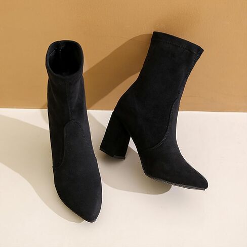 Chunky Heeled Ankle Boots For Women Suede Pointed Toe Comfortable Stretch Pull On Non Slip Fall Short Booties in Kuwait