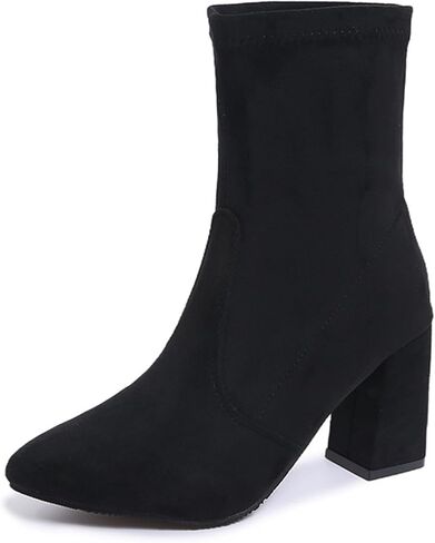 Chunky Heeled Ankle Boots For Women Suede Pointed Toe Comfortable Stretch Pull On Non Slip Fall Short Booties in Kuwait