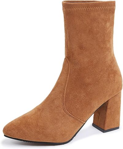 Chunky Heeled Ankle Boots For Women Suede Pointed Toe Comfortable Stretch Pull On Non Slip Fall Short Booties in Kuwait