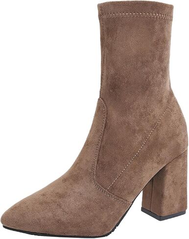 Chunky Heeled Ankle Boots For Women Suede Pointed Toe Comfortable Stretch Pull On Non Slip Fall Short Booties in Kuwait